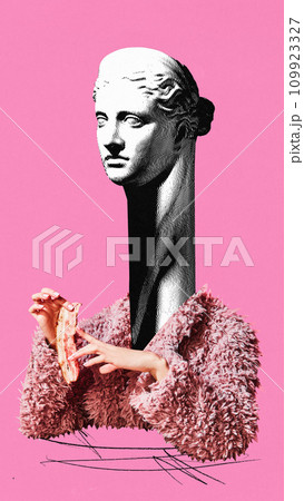 Contemporary art collage. Antique Greek monument with long neck in black-and-white half-tone filter sitting in fashion coat and eating bacon. 109923327