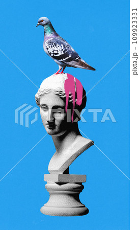 Contemporary art collage. One pigeon sitting on antique statue in black and white halftone with pink blot on face against blue background. Contemporary art collage. One pigeon sitting on antique statue in black and white halftone with pink blot on face against blue background. 109923331