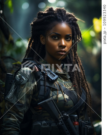 Dark-skinned young girl in full length military uniform with weapon in hand in the jungle Dark-skinned young girl in full length military uniform with weapon in hand in the jungle 109923340
