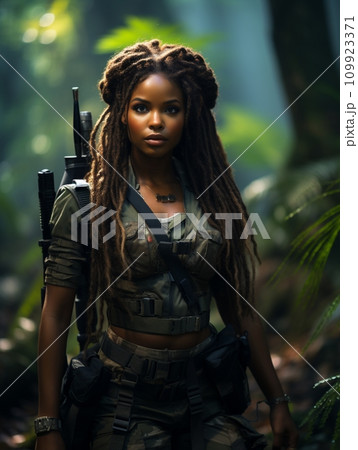 Dark-skinned young girl in full length military uniform with weapon in hand in the jungle 109923371