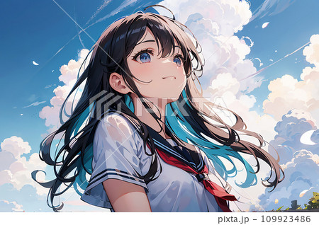 青空を見上げる学生　女の子　イラスト「AI生成画像」 109923486