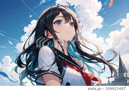 青空を見上げる学生　女の子　イラスト「AI生成画像」 109923487