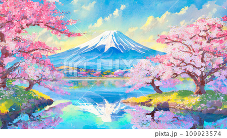 富士山と湖と桜　AI生成画像 109923574