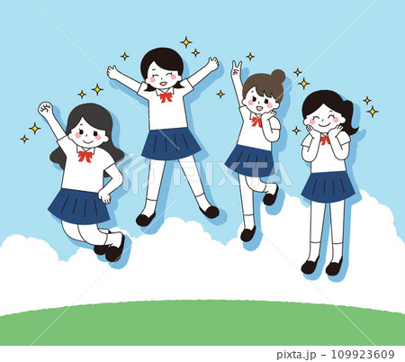 大空を背景にジャンプをする女子学生。 109923609