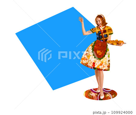 Contemporary art collage. Attractive waitress dressed in edible textured uniform from delicious vegetables and garnishes against white background. 109924000