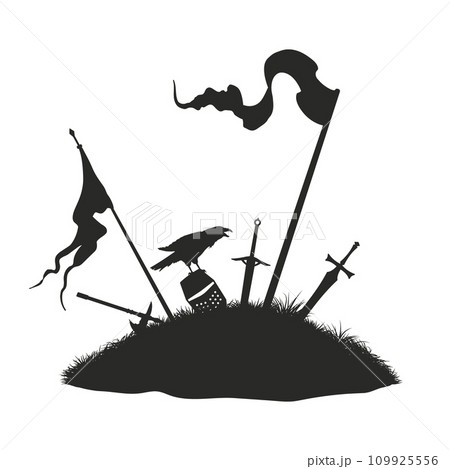 Medieval battlefield landscape. Isolated silhouette of warrior grave. Knight mound with sword, helmet and flags. Middle age battle scene Medieval battlefield landscape. Isolated silhouette of warrior grave. Knight mound with sword, helmet and flags. Middle age battle scene 109925556