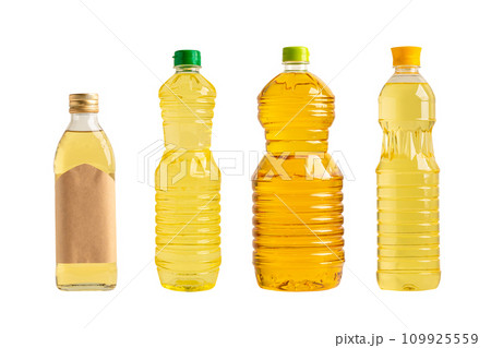 Vegetable oil with olive oil in different bottle for cooking isolated on white background with clipping path. 109925559