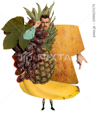 Serious man standing with body covered with different fruits, banana, grapes, pear and pineapple over white background. Contemporary art collage. Serious man standing with body covered with different fruits, banana, grapes, pear and pineapple over white background. Contemporary art collage. 109925575