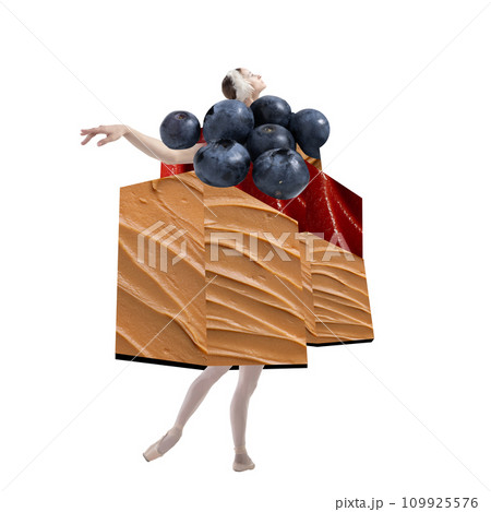 Young woman, ballerina with body made of different food, sauces and berries over white background. Diversity of nutrition. Contemporary art collage. 109925576
