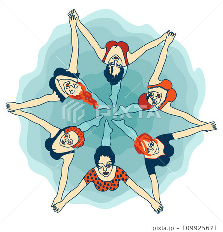 Synchronized swimming. Girls making star figure in water. Vector isolated illustration. Synchronized swimming. Girls making star figure in water. Vector isolated illustration. 109925671
