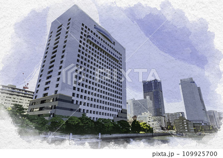 水彩画風　横浜みなとみらい　神奈川県警察本部　神奈川県横浜市 109925700