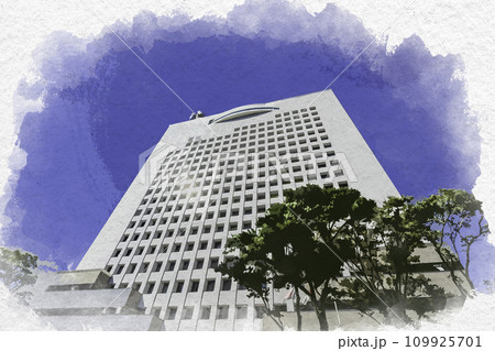 水彩画風　横浜みなとみらい　神奈川県警察本部　神奈川県横浜市 109925701