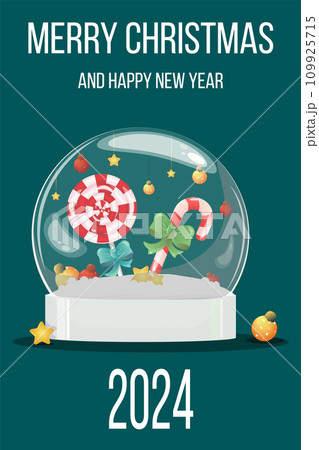 Postcard with Christmas souvenir balloon with snow, New Year glass balls and candy inside. With text. Vector 109925715