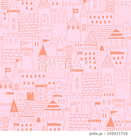 Pink princess castle seamless pattern. Vector medieval towers silhouette repeat background for baby girls. Pink princess castle seamless pattern. Vector medieval towers silhouette repeat background for baby girls. 109925756