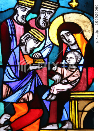 Nativity Scene, Adoration of the Magi, stained glass window in Basilica of St. Vitus in Ellwangen, Germany Nativity Scene, Adoration of the Magi, stained glass window in Basilica of St. Vitus in Ellwangen, Germany 109926060