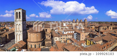 Landmarks of Italy - beautiful medieval town Ferrara in Emilia Romagna. aerial drone view of historic center with castle and duomo 109926183