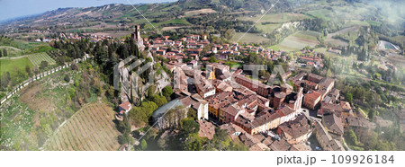 one of the most beautiful medieval villages of Italy, Emilia romagna region- Brisighella in Ravenna province, panoramic view of the castle and clock tower 109926184