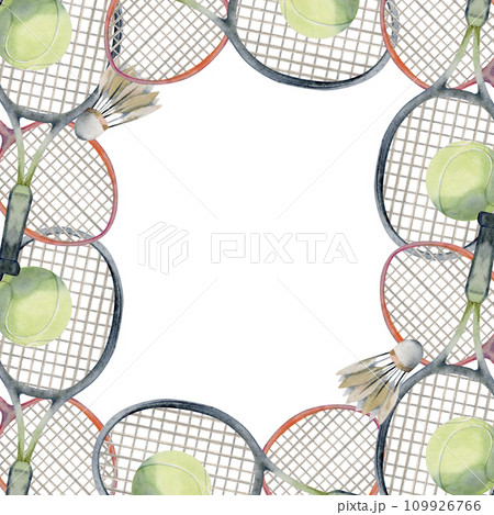 Hand drawn watercolor sports gear equipment, tennis badminton ball, racquet, health fitness lifestyle. Illustration isolated border frame on white background. Design poster, print, website, card, shop Hand drawn watercolor sports gear equipment, tennis badminton ball, racquet, health fitness lifestyle. Illustration isolated border frame on white background. Design poster, print, website, card, shop 109926766