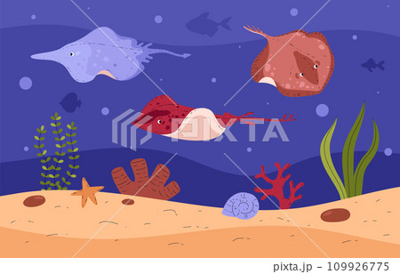 Stingrays in water, undersea life, vector illustration in flat cartoon style Stingrays in water, undersea life, vector illustration in flat cartoon style 109926775