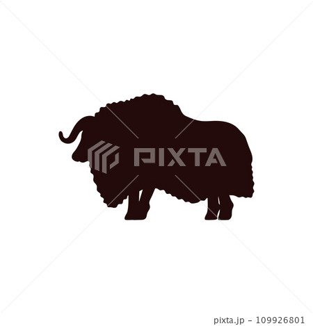 Muskox black silhouette, powerful arctic animal symbol, Northern horned large ungulate mammal, vector wild tundra animal 109926801