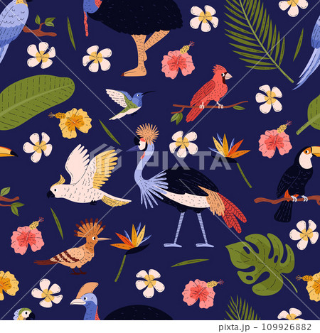 Seamless pattern design with exotic birds and parrots, vector illustration. Seamless pattern design with exotic birds and parrots, vector illustration. 109926882