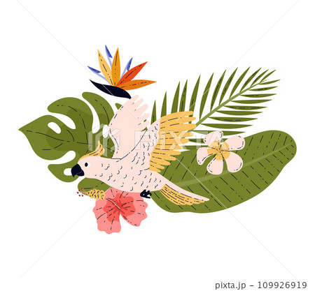 Flying cockadu tropical bird among flowers and leaves flat style Flying cockadu tropical bird among flowers and leaves flat style 109926919