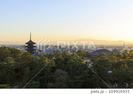 奈良県奈良市 秋の興福寺五重塔と中金堂の夕景 奈良県庁からの眺め 奈良県奈良市 秋の興福寺五重塔と中金堂の夕景 奈良県庁からの眺め 109926935