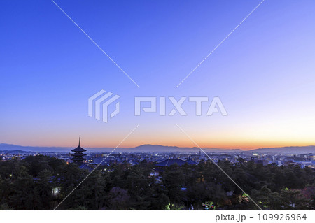 奈良県奈良市 　秋の興福寺五重塔と中金堂の夜景　奈良県庁からの眺め 109926964