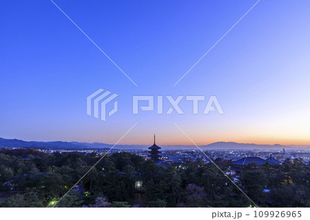 奈良県奈良市 秋の興福寺五重塔と中金堂の夜景 奈良県庁からの眺め 奈良県奈良市 秋の興福寺五重塔と中金堂の夜景 奈良県庁からの眺め 109926965