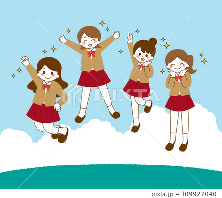 大空を背景にジャンプをする女子学生。 109927040