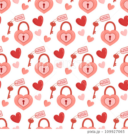 Valentines day seamless pattern. Heart shaped lock, key. Flat vector illustration. Valentines day seamless pattern. Heart shaped lock, key. Flat vector illustration. 109927065