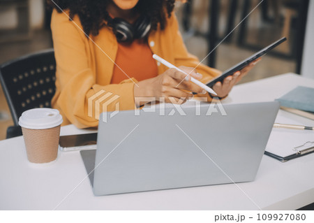 Finance manager meeting discussing company growth project success financial statistics, professional investor working start up project for strategy plan with document, laptop and digital tablet. 109927080