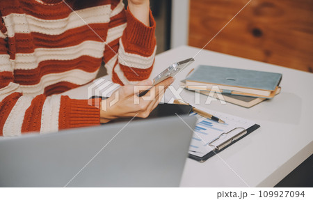 Finance manager meeting discussing company growth project success financial statistics, professional investor working start up project for strategy plan with document, laptop and digital tablet. 109927094