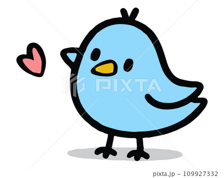 シンプルな幸せの青い小鳥とハートのイラスト シンプルな幸せの青い小鳥とハートのイラスト 109927332