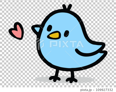 シンプルな幸せの青い小鳥とハートのイラスト シンプルな幸せの青い小鳥とハートのイラスト 109927332