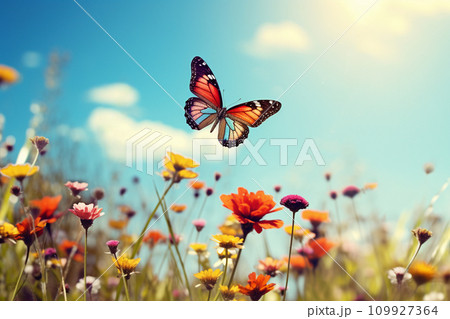 AI-generated content. a colorful butterfly in the cloudy sunny sky above a summer field warm 109927364