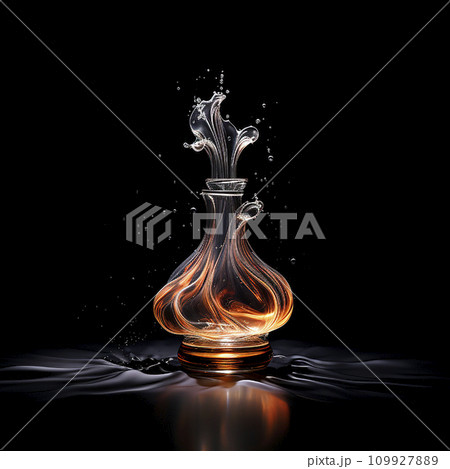 The contours of a beautiful perfume bottle dissolve in smoke on black, background for design and decoration of cosmetics The contours of a beautiful perfume bottle dissolve in smoke on black, background for design and decoration of cosmetics 109927889