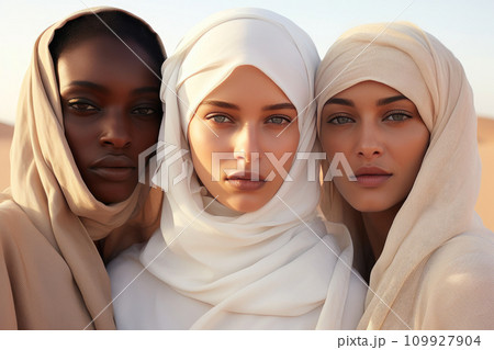 Diversity in Unity: Three Women in White Abayas Embracing Desert Harmony Diversity in Unity: Three Women in White Abayas Embracing Desert Harmony 109927904