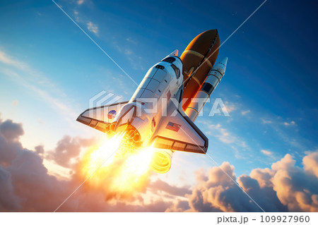 Futuristic Spacecraft Soaring Amidst Azure Skies 109927960