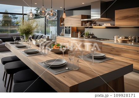 Kitchen with smooth surfaces and minimal open shelving, promoting a sleek and clutter-free environment 109928171