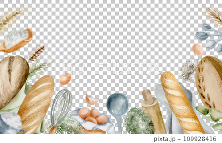 Watercolor background with place for text. Cooking with a rustic loaf of bread, a carton of eggs and a scattering of measuring spoons on a white background. Dull colors capture the essence of everyday 109928416
