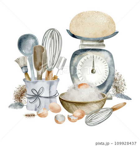 Bright watercolor still life with various dishes and baking ingredients on a white background. Brushes, rolling pins, scales and measuring spoons create a harmonious composition for delicious treats. 109928437