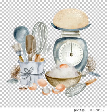 Bright watercolor still life with various dishes and baking ingredients on a white background. Brushes, rolling pins, scales and measuring spoons create a harmonious composition for delicious treats. Bright watercolor still life with various dishes and baking ingredients on a white background. Brushes, rolling pins, scales and measuring spoons create a harmonious composition for delicious treats. 109928437