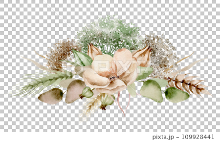 Watercolor bouquet of wildflowers and wheat on a white background. The flowers were in full bloom, with delicate petals in shades of pink and green. Wheat stalks with a touch of rustic charm. Watercolor bouquet of wildflowers and wheat on a white background. The flowers were in full bloom, with delicate petals in shades of pink and green. Wheat stalks with a touch of rustic charm. 109928441