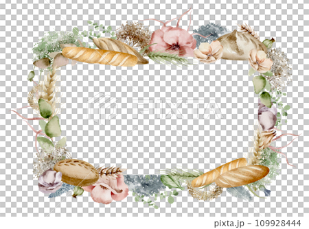 Hand painted watercolor frame in a rustic bread wreath, decorated with delicate wildflowers and ears of wheat. Warm tones with bright shades of flowers. For branding bakery products, food packaging. Hand painted watercolor frame in a rustic bread wreath, decorated with delicate wildflowers and ears of wheat. Warm tones with bright shades of flowers. For branding bakery products, food packaging. 109928444