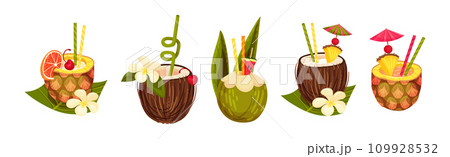 Cool Coconut and Pineapple Cocktail in Shell with Straw Vector Set 109928532