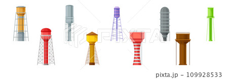 Tall Water Tower with Metal Tank for Liquid Storage Vector Set 109928533