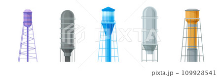 Tall Water Tower with Metal Tank for Liquid Storage Vector Set 109928541