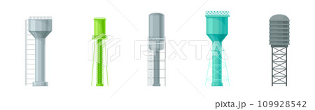 Tall Water Tower with Metal Tank for Liquid Storage Vector Set 109928542