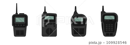 Black Transceiver or Walkie-talkie as Radio Device with Antenna Vector Set 109928546
